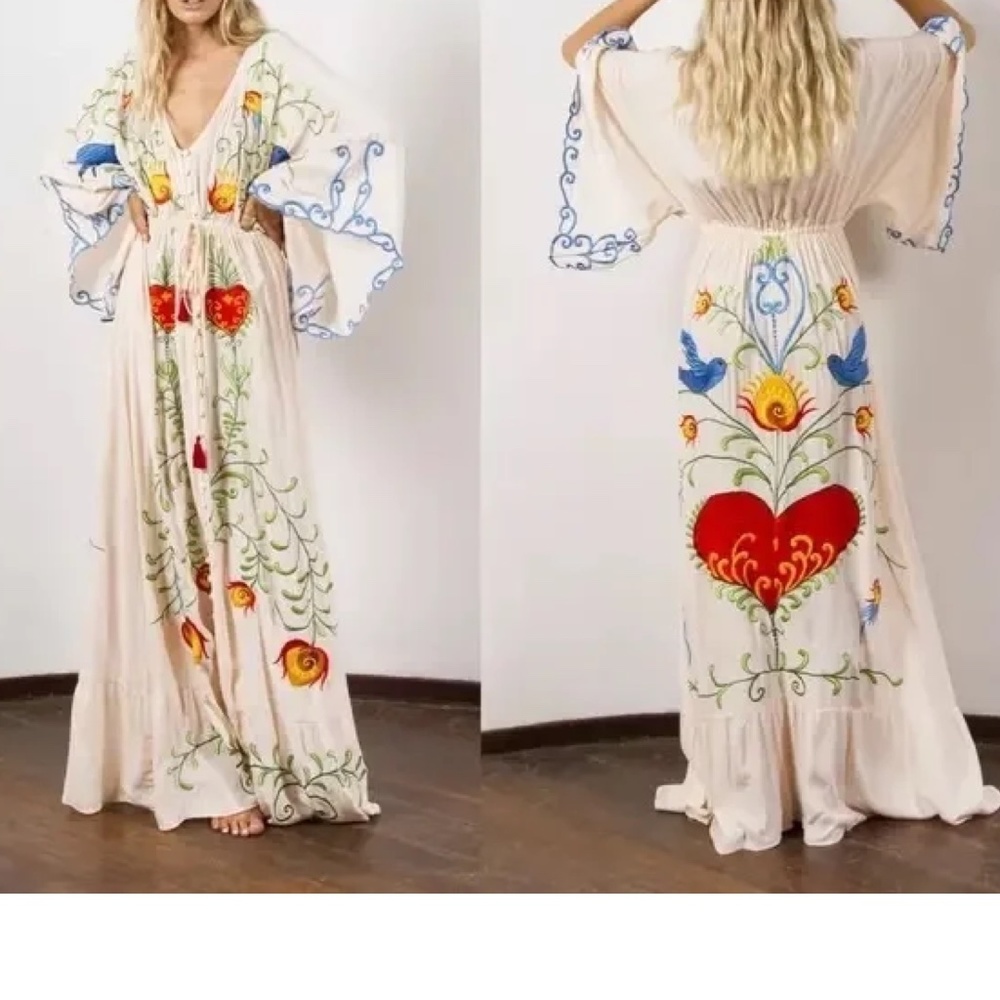 Boho Embroidered Hearts Floral Birds Long Maxi Kimono Dress - Picture 4 of 16